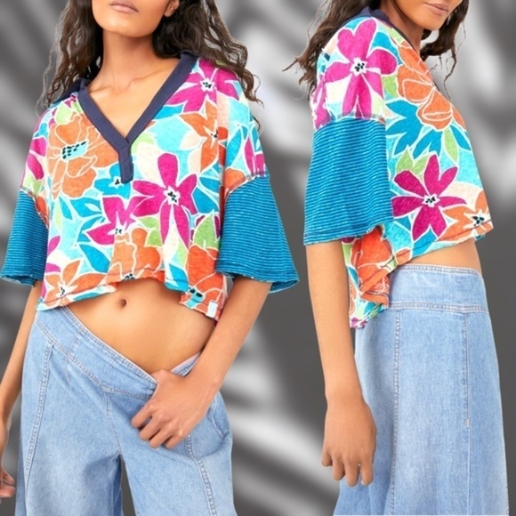 FREE PEOPLE Cotton on a Boat Colorblock V-Neck Boxy Cropped Cotton Polo Top NWT - Picture 7 of 14